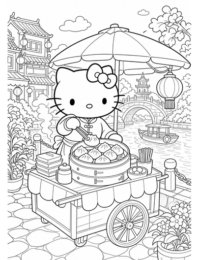 Hello Kitty At A Riverside Dumpling Cart printable coloring page from the hello kitty coloring pages collection