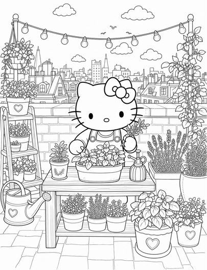 Hello Kitty At A Rooftop Herb Garden printable coloring page from the hello kitty coloring pages collection
