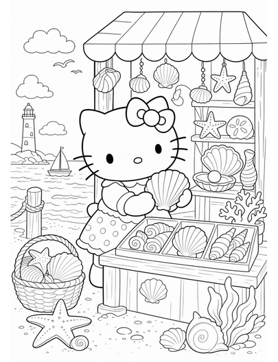 Hello Kitty At A Seaside Shell Shop printable coloring page from the hello kitty coloring pages collection