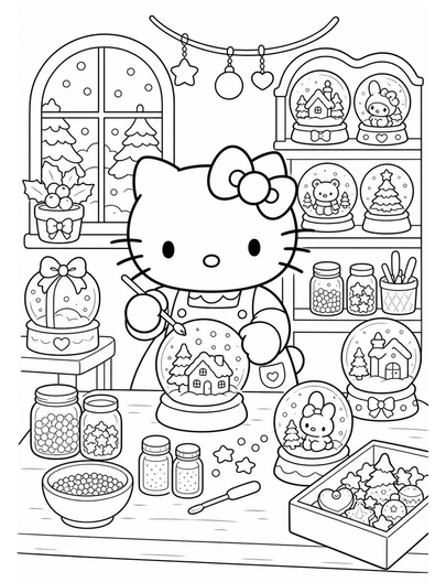 Hello Kitty At A Snow Globe Workshop printable coloring page from the hello kitty coloring pages collection