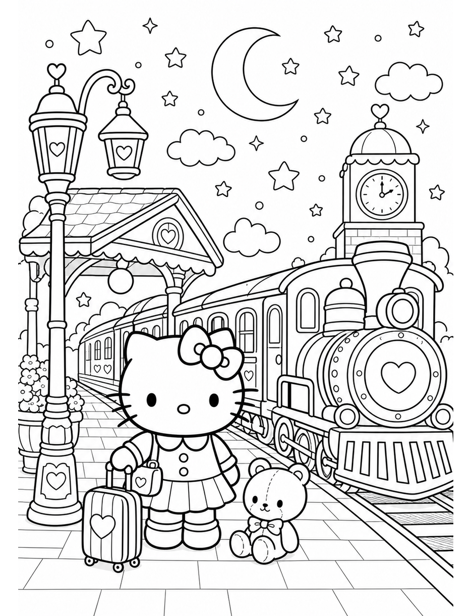 Hello Kitty At A Starry Train Station printable coloring page from the hello kitty coloring pages collection