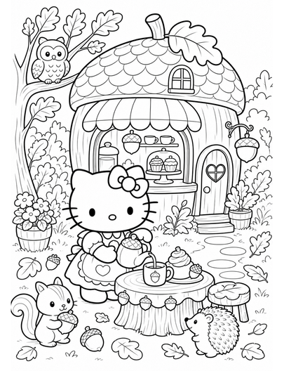 Hello Kitty At A Woodland Acorn Cafe printable coloring page from the hello kitty coloring pages collection
