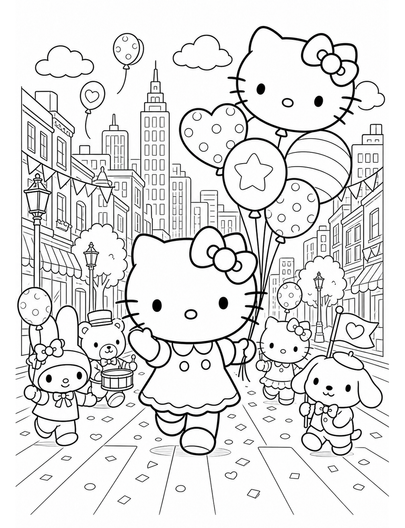 Hello Kitty Balloon Parade On A City Street printable coloring page from the hello kitty coloring pages collection