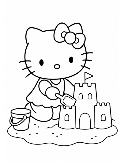 Hello Kitty Building A Sandcastle printable coloring page from the hello kitty coloring pages collection