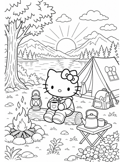Hello Kitty Camping By A Lake At Sunrise printable coloring page from the hello kitty coloring pages collection