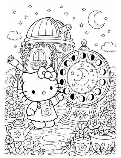 Hello Kitty Garden Observatory With Moon Calendar printable coloring page from the hello kitty coloring pages collection