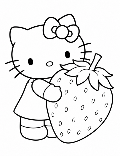 Hello Kitty Hugging A Giant Strawberry printable coloring page from the hello kitty coloring pages collection