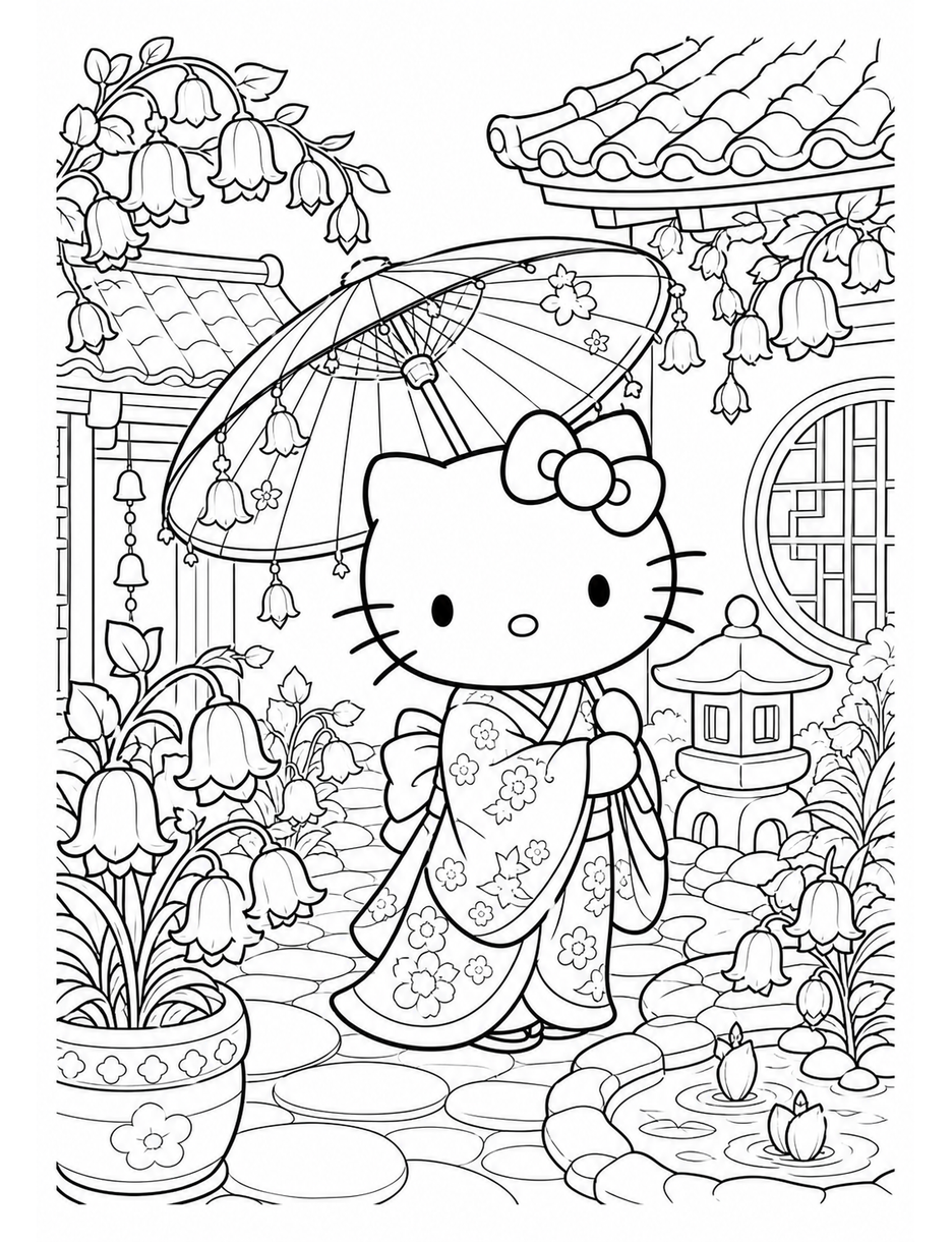 Hello Kitty In A Bellflower Parasol Courtyard printable coloring page from the hello kitty coloring pages collection