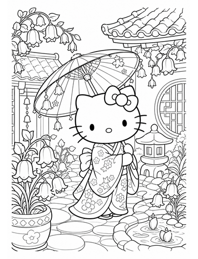 Hello Kitty In A Bellflower Parasol Courtyard printable coloring page from the hello kitty coloring pages collection