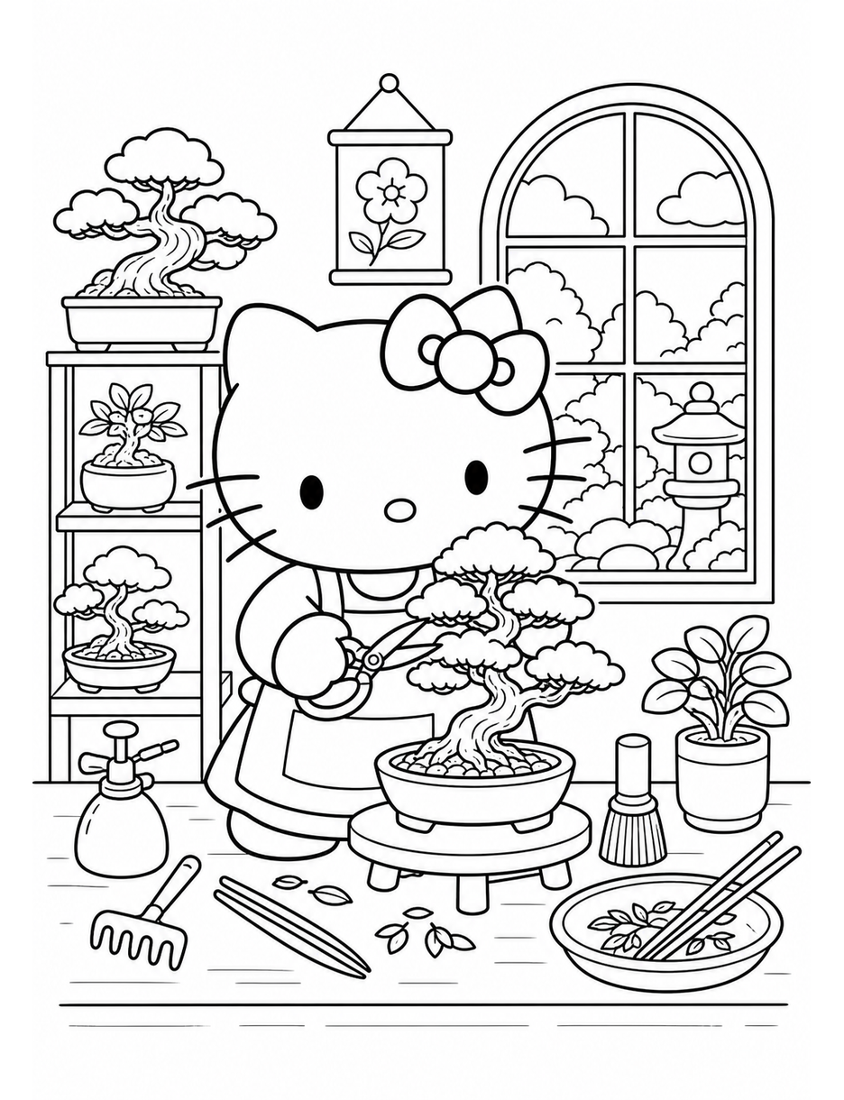 Hello Kitty In A Bonsai Workshop printable coloring page from the hello kitty coloring pages collection