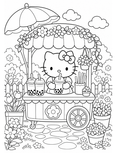 Hello Kitty In A Bubble Tea Garden Cart printable coloring page from the hello kitty coloring pages collection