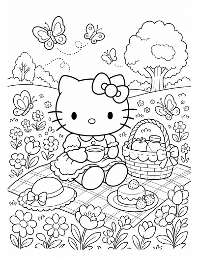 Hello Kitty In A Butterfly Picnic Meadow printable coloring page from the hello kitty coloring pages collection