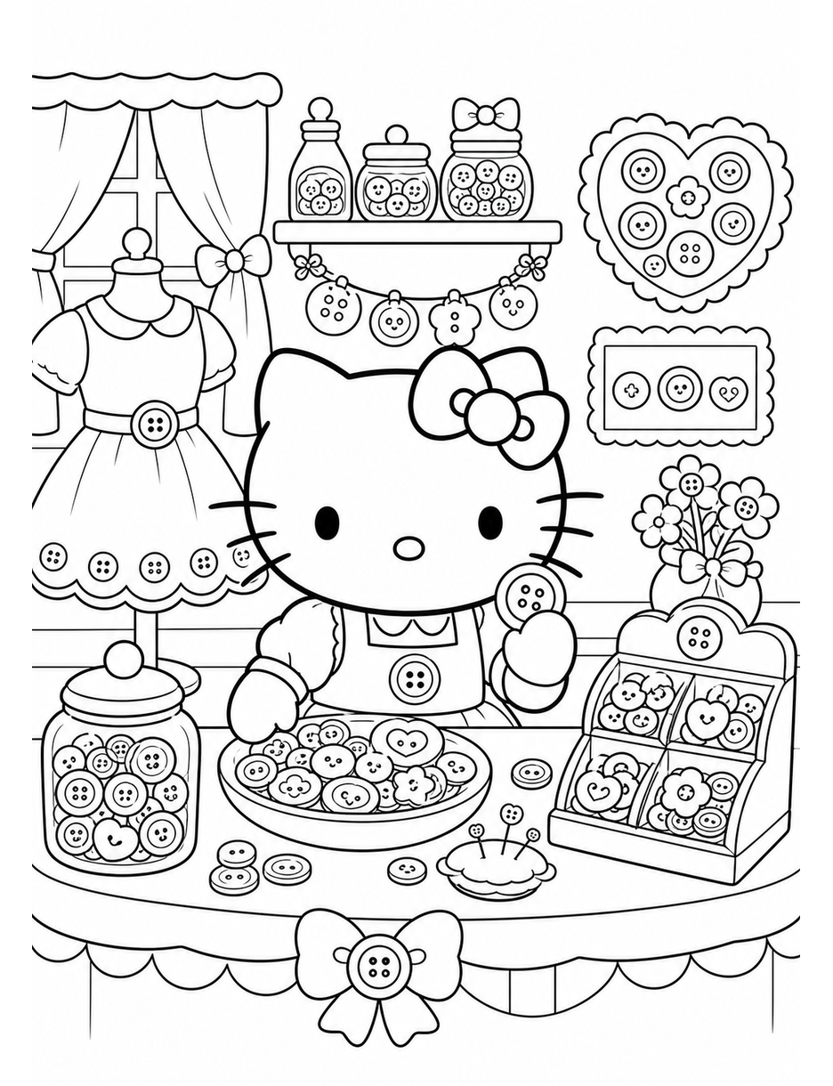 Hello Kitty In A Button Boutique printable coloring page from the hello kitty coloring pages collection