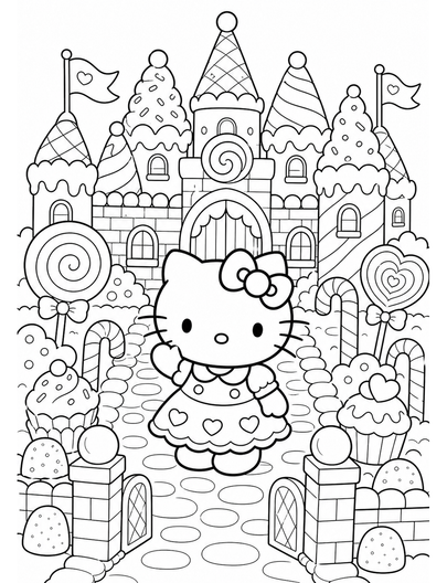 Hello Kitty In A Candy Castle Courtyard printable coloring page from the hello kitty coloring pages collection