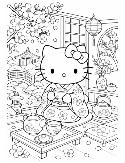 Hello Kitty In A Cherry Blossom Tea House printable coloring page from the hello kitty coloring pages collection