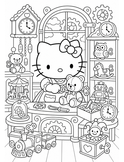 Hello Kitty In A Clockwork Toy Shop printable coloring page from the hello kitty coloring pages collection