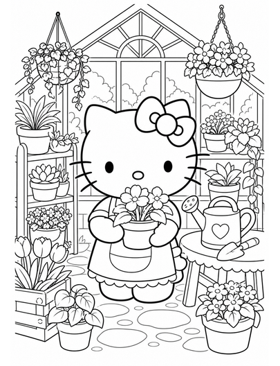 Hello Kitty In A Cozy Greenhouse printable coloring page from the hello kitty coloring pages collection