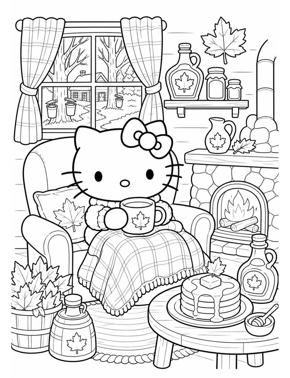 Hello Kitty In A Cozy Maple Syrup Cabin printable coloring page from the hello kitty coloring pages collection