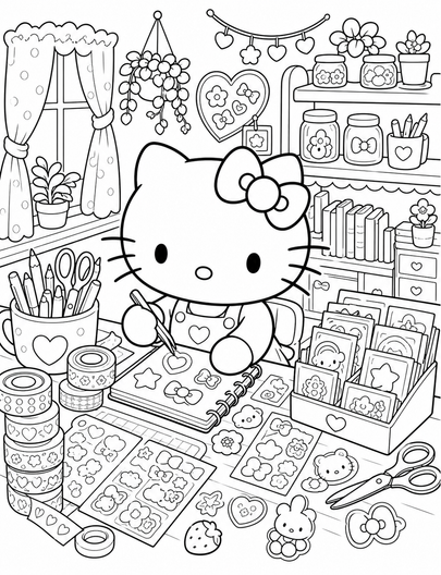 Hello Kitty In A Cozy Sticker Studio printable coloring page from the hello kitty coloring pages collection