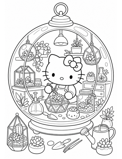 Hello Kitty In A Glass Terrarium Studio printable coloring page from the hello kitty coloring pages collection