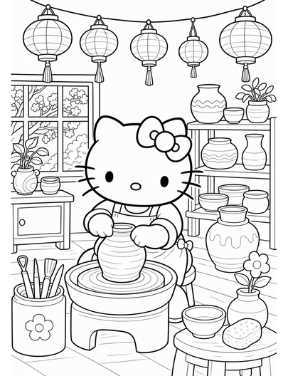 Hello Kitty In A Lantern-Lit Pottery Studio printable coloring page from the hello kitty coloring pages collection