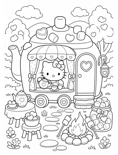 Hello Kitty In A Marshmallow Tea Caravan printable coloring page from the hello kitty coloring pages collection