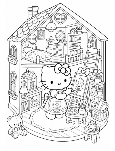 Hello Kitty In A Miniature Dollhouse Studio printable coloring page from the hello kitty coloring pages collection