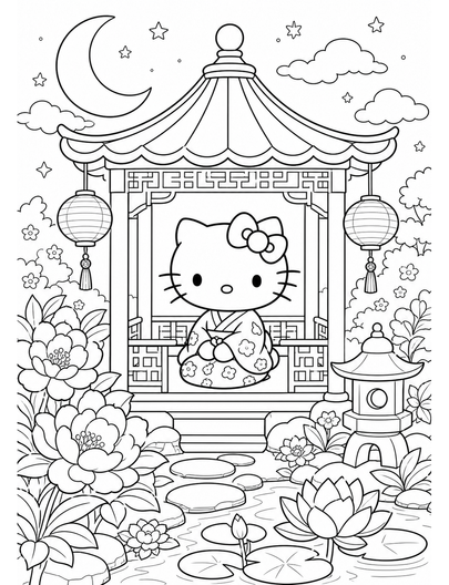 Hello Kitty In A Moon Garden Gazebo printable coloring page from the hello kitty coloring pages collection
