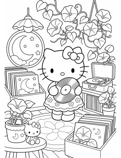 Hello Kitty In A Moonflower Record Shop printable coloring page from the hello kitty coloring pages collection