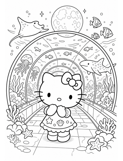 Hello Kitty In A Moonlit Aquarium Tunnel printable coloring page from the hello kitty coloring pages collection