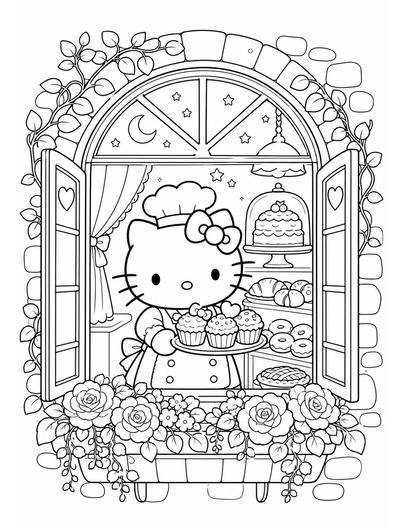 Hello Kitty In A Moonlit Bakery Window printable coloring page from the hello kitty coloring pages collection