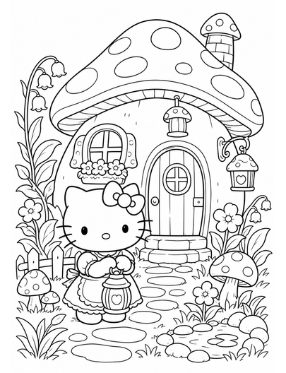 Hello Kitty In A Mushroom Lantern Cottage printable coloring page from the hello kitty coloring pages collection