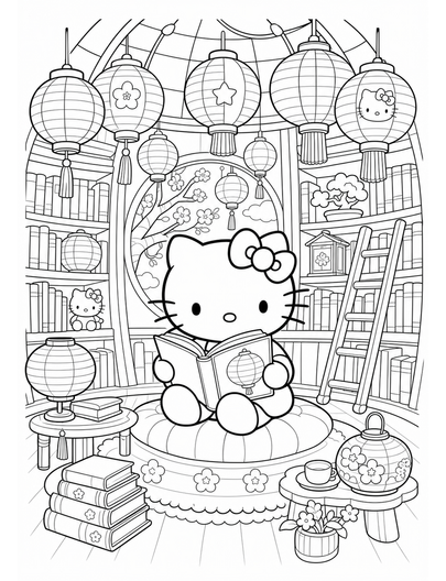 Hello Kitty In A Paper Lantern Library printable coloring page from the hello kitty coloring pages collection