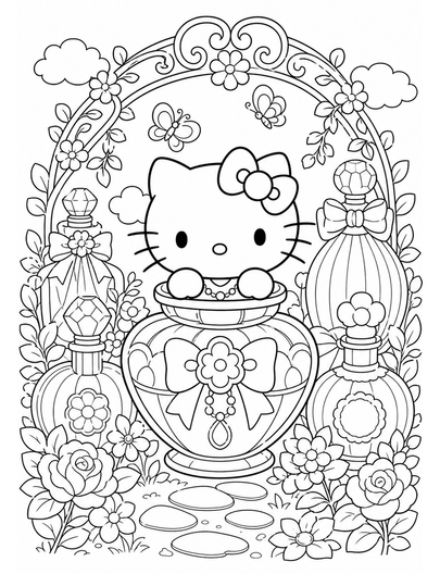 Hello Kitty In A Perfume Bottle Garden printable coloring page from the hello kitty coloring pages collection