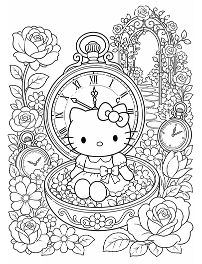 Hello Kitty In A Pocket Watch Garden printable coloring page from the hello kitty coloring pages collection