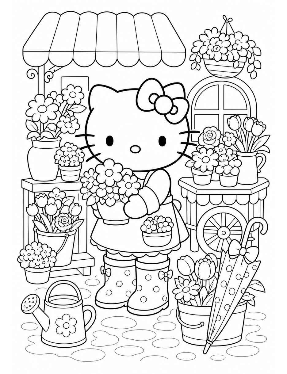 Hello Kitty In A Rainboot Flower Shop printable coloring page from the hello kitty coloring pages collection