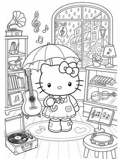 Hello Kitty In A Rainy-Day Music Shop printable coloring page from the hello kitty coloring pages collection