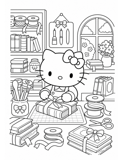 Hello Kitty In A Ribbon Bookbindery printable coloring page from the hello kitty coloring pages collection