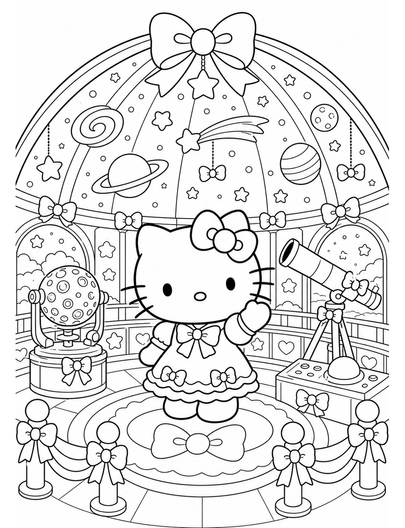 Hello Kitty In A Ribbon Planetarium printable coloring page from the hello kitty coloring pages collection
