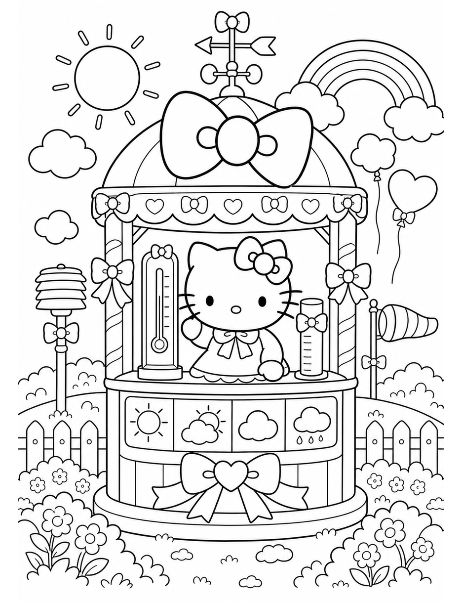 Hello Kitty In A Ribbon Weather Station printable coloring page from the hello kitty coloring pages collection