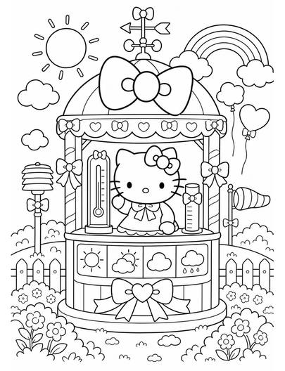 Hello Kitty In A Ribbon Weather Station printable coloring page from the hello kitty coloring pages collection