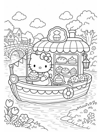 Hello Kitty In A Riverside Bakery Boat printable coloring page from the hello kitty coloring pages collection