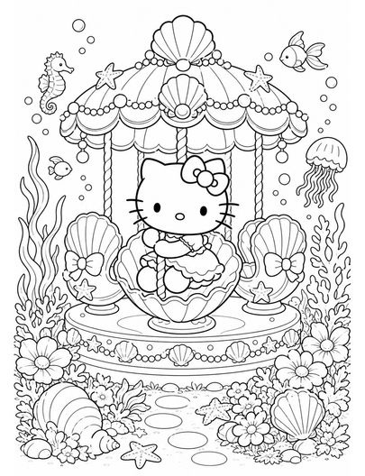 Hello Kitty In A Seashell Carousel Garden printable coloring page from the hello kitty coloring pages collection
