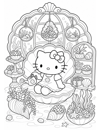 Hello Kitty In A Seashell Conservatory printable coloring page from the hello kitty coloring pages collection