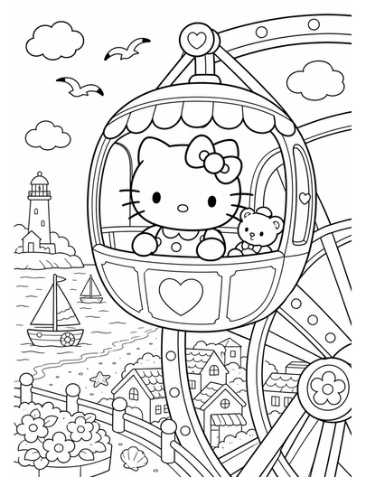 Hello Kitty In A Seaside Ferris Wheel Cabin printable coloring page from the hello kitty coloring pages collection