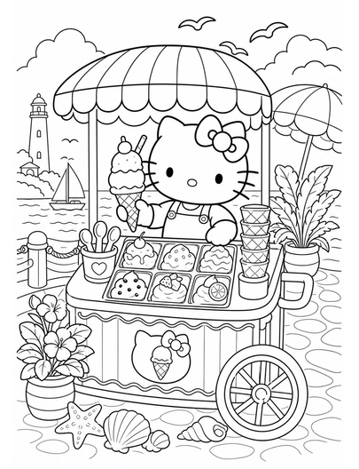 Hello Kitty In A Seaside Gelato Cart printable coloring page from the hello kitty coloring pages collection