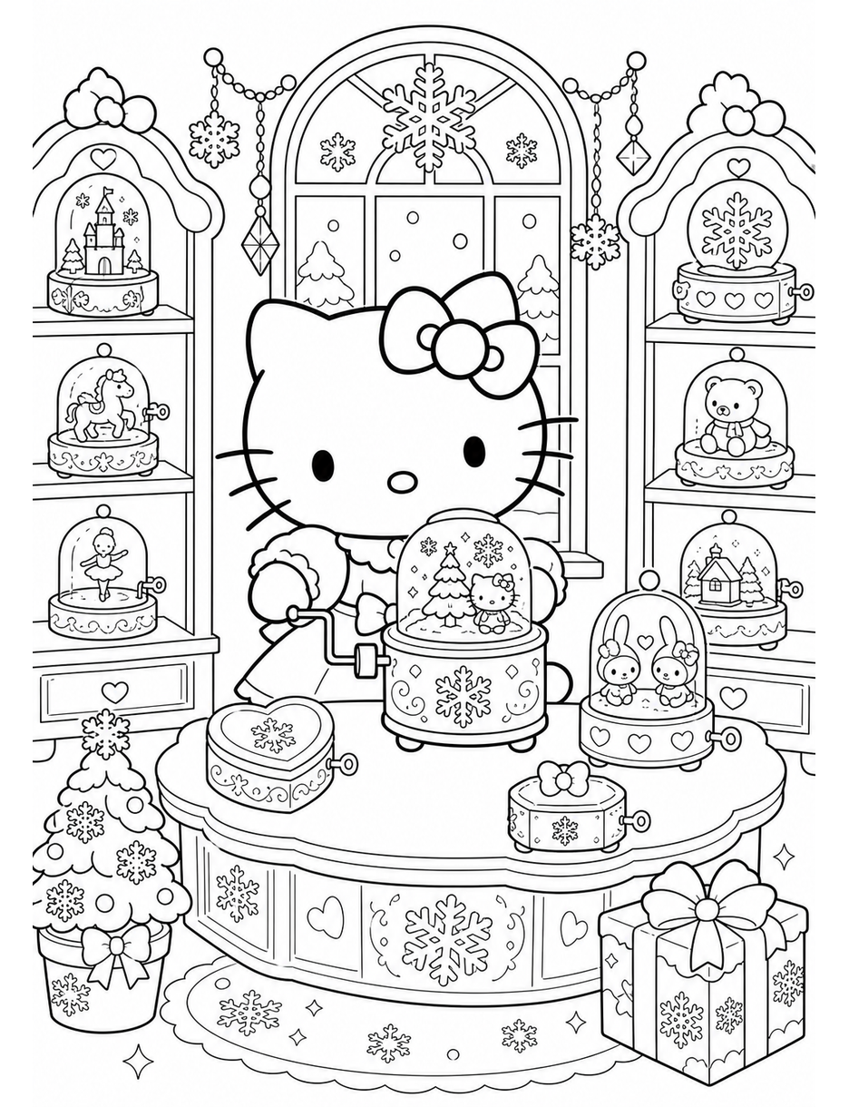 Hello Kitty In A Snowflake Music Box Shop printable coloring page from the hello kitty coloring pages collection