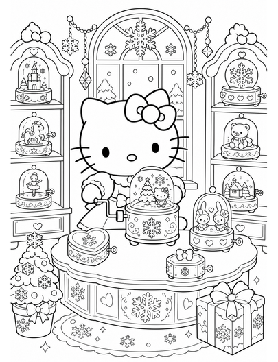 Hello Kitty In A Snowflake Music Box Shop printable coloring page from the hello kitty coloring pages collection