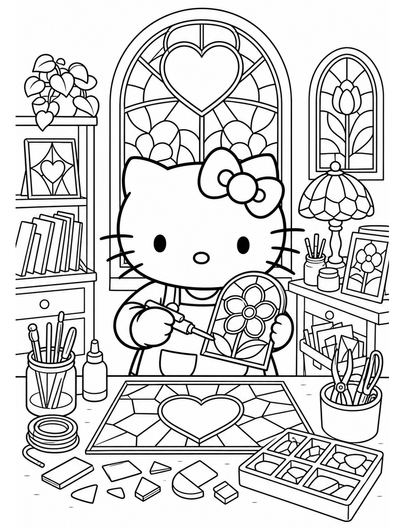 Hello Kitty In A Stained Glass Studio printable coloring page from the hello kitty coloring pages collection