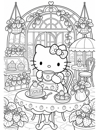 Hello Kitty In A Strawberry Glasshouse Cafe printable coloring page from the hello kitty coloring pages collection